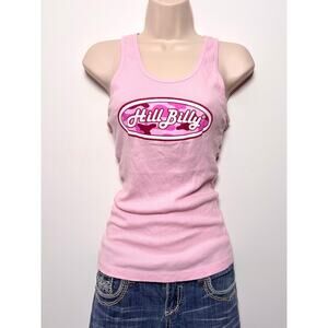 Hillbilly Baby Pink Ribbed Racerback Tank Camo Detail Y2K Fitted Top